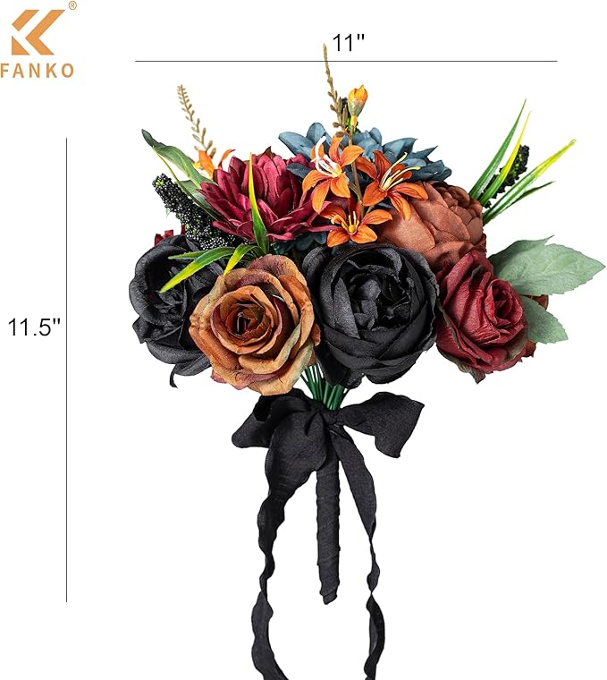 FANKO Artificial Flowers Black Rose: Mixed Fake Silk Flowers Combo Brown Rose Dusty Blue Dahlia Burgundy Sunflower Vintage for DIY Wedding Bridal Bouquets/Centerpieces/Home Decor