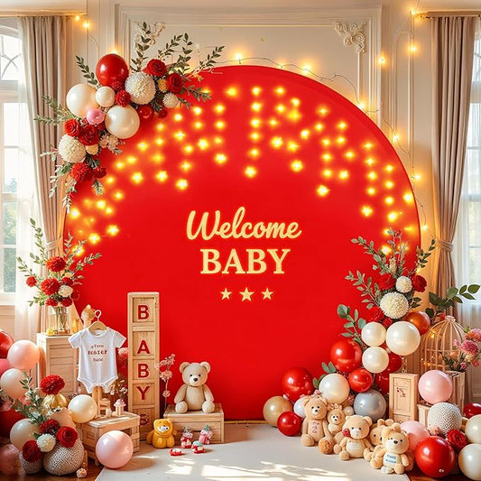 7.2 FT Red Round Backdrop Cover with Lights String for Circle Arch Stand Circle Backdrop Covers with LED Fairy Lights for Wedding Arch Baby Shower Birthday Party Photo Shoot Photography Background