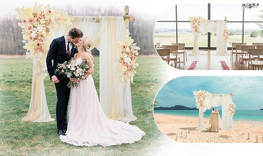 Ting's time Wedding Arch Flowers and Drape Kit (Set of 5) 2 Pcs Artificial Floral Swag Arrangement 3 Pcs Arch Draping Fabric for Wedding Ceremony Arbor and Reception(Beige)