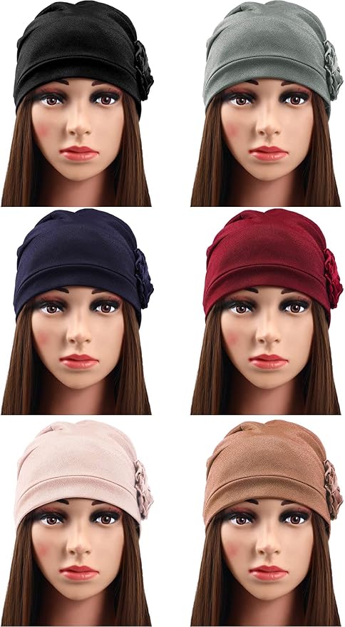 6 Pieces Women Turban Flower Caps Elastic Beanie Headscarf Vintage Headwrap Hats