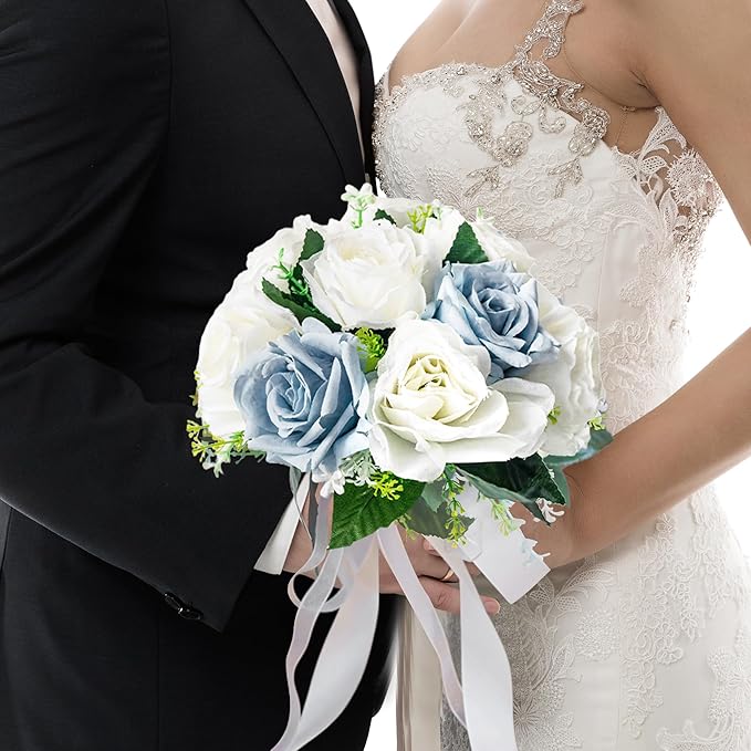 Wedding Bouquets for Bride - Realistic Silk Flowers Artificial Roses, 8 Inch Bridesmaid Bouquet for Ceremony, Church, Anniversary, and Home Decoration (White & Blue)