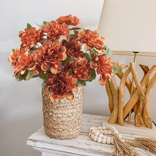Uieke 12PCS Artificial Daisy Mums Flowers with Stem, Burnt Orange Silk Flowers Arrangement for Home Party Fall Wedding Bouquet Thanksgiving Table Centerpieces Decor (Vintage Terracotta)
