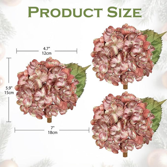 Hollyone Christmas Tree Ornaments 3Pcs Artificial Hydrangea Flowers Heads with Clips Glitter Fake Hydrangea Flower for Christmas Tree Floral Vintage Faux Hydrangea for Wedding Party Xmas Pink