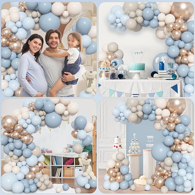 Amandir 153pcs Dusty Blue Balloon Arch Garland Kit, Different Sizes 18 12 10 5 inch White Sand Beige Cream Champagne Fog Baby Blue Balloons for Boy Baby Shower Birthday Bridal Wedding Party Decoration
