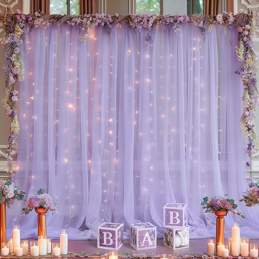 20x10ft Purple Tulle Backdrop Curtain with Lights String for Parites, Sheer Backdrop Curtains for Wedding Baby Shower Birthday Party Photo Shoot Decorations