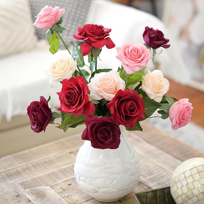 FiveSeasonStuff Rustic Mélange Artificial Roses Real Touch Silk Flowers with 12 Stems Wedding Bridal Bouquet Home Décor (Mix Pink, Burgundy & Purple)
