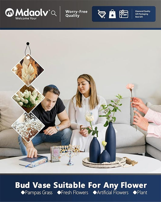 Matte Blue Vase Set Navy Blue Decor Coastal Decor Vases for Kitchen Island Living Room Office Table Fireplace Mantle Decorations & Bathroom Shelf Decor Centerpiece Table Decorations Ceramic