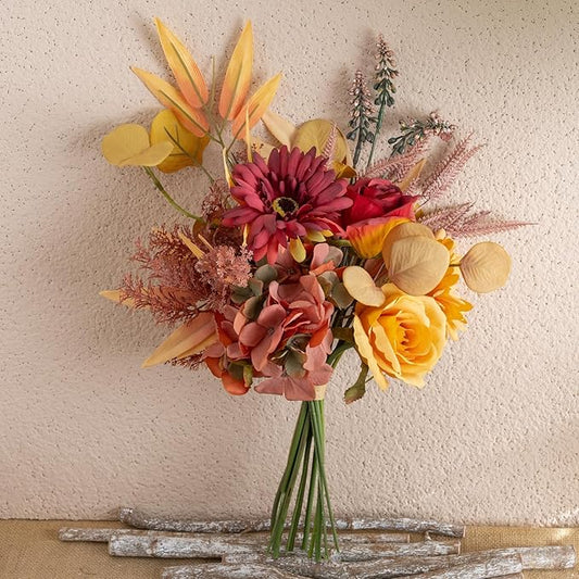 Fake Silk Flowers Bouquet Faux Centerpieces with Roses, Gerberas, Hydrangea etc, Realistic Artificial Floral Arrangements for Home Kitchen Decor