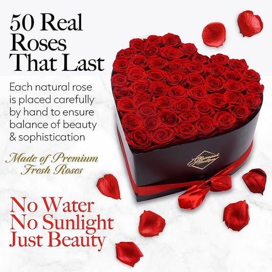 GLAMOUR BOUTIQUE 50 Flower Forever Heart Shape Box - Preserved Roses Gift for Her, Preserved Flowers, Red