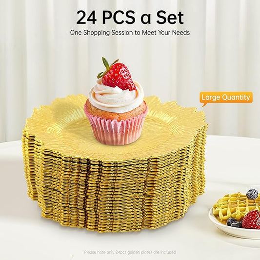 24 Pcs Gold Charger Plates Bulk, 13" Reef Plate Chargers for Dinner, Round Plastic Floral Table Charger Plates for Table Setting, Wedding, Christmas, Party, Event, Decoration