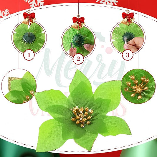 WILLBOND 24 Pcs 3 Size Poinsettia Flower Artificial Christmas Decor Glitter Poinsettia Christmas Ornaments Faux Flowers for Xmas Tree Outdoor(4/6/7.9 Inches,Green)