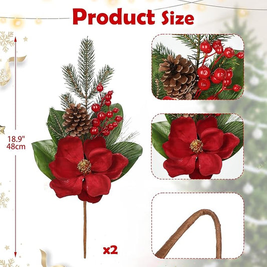 Briful Red Magnolia Christmas Flower Branches, 2 Pack 18.9in Artificial Magnolia Floral Picks and Spray with Pinecones Berries for Xmas Tree Vase Arrangements Decor