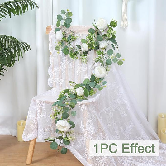 SOMYTING Artificial Flower Garland, Artificial Rose Vine Fake Flower Garland Silk Rose Peony Hanging Vine Faux Floral Garlands for Wedding Party Arch Table Wall Backdrop Decoration (White, 4PCS)