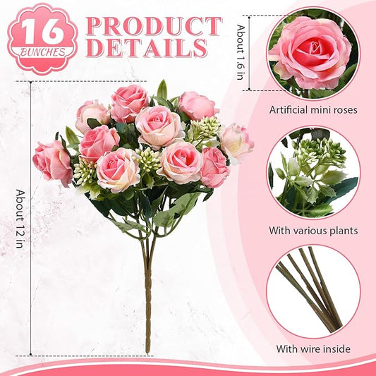 Zeyune 16 Bunches 12 Inch Artificial Mini Rose Bouquet 160 Heads Bridal Flower Bouquets Fake Silk Rose Bulk for Wedding Bridal Shower Christmas Home Office Garden Decoration(Pink)
