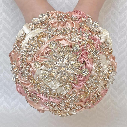 Handmade Satin Rose Floral Bling Pearl Decor Bridal Wedding Bouquet Rhinestone Pendant Artificial Brooch Flowers for Bride Bridesmaid Quinceanera