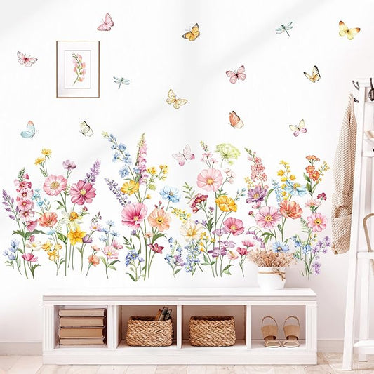 decalmile Flower Wall Decals Daisy Wildflower Grass Butterflies Wall Stickers Girls Bedroom Living Room Home Office Wall Decor