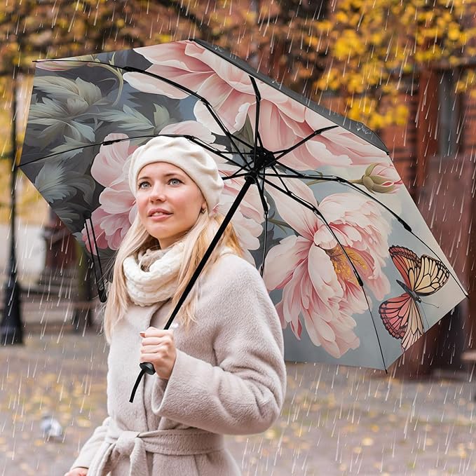 Automatic Folding Umbrella Windproof Strong, UV Protection Compact Floral Hydrangea Hummingbird Sun Rain Sun Rain Travel Umbrellas for Women Men