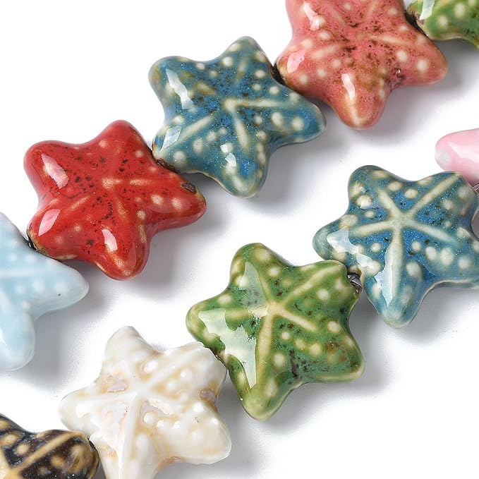 Beadthoven 20pcs Starfish Handmade Porcelain Beads Colorful Printed Ceramic Beads Ocean Sea Star Fish Charm Craft Spacers for Bracelets Necklace Keychain DIY Jewelry Making 20mm Mixed Colors