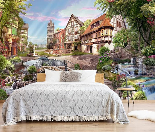 Flowery Waterfall and Beautiful Street Scene in The Sunshine Wall Mural for Living Room, Bedroom, Bathroom Backdrop Decoration(Non-self-Adhesive)