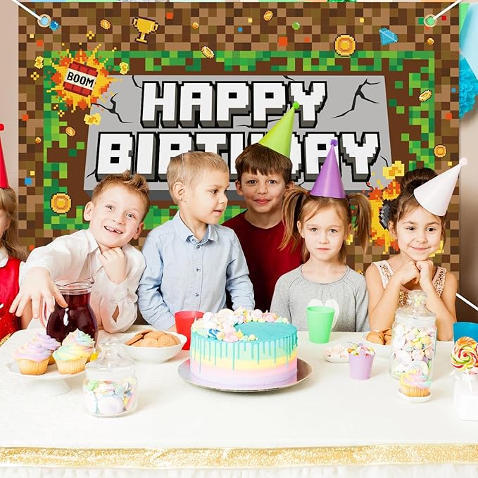 Pixel Birthday Backdrop Banner, 5x3ft/150x100cm Video Game Theme Happy Birthday Backdrop Decoration for Pixel Theme Kids Game Party Decoration Supplies