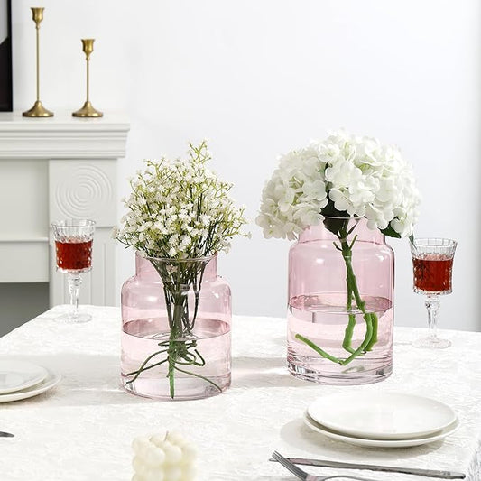 Large Glass Vase, Pink Glass Vase Set of 2, Large Flower Vases for Bouquet, Tall Wide Mouth Vases for Flowers, Home, Wedding, Living Room, Office Decor, 7"+9"