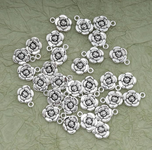 30 Pcs Rose Charms Vintage 1.6 X 1.2 X 0.4 CM Chic Flower Pendants for DIY Jewelry Making Kits Necklace Bracelets Earring Keychain Accessories