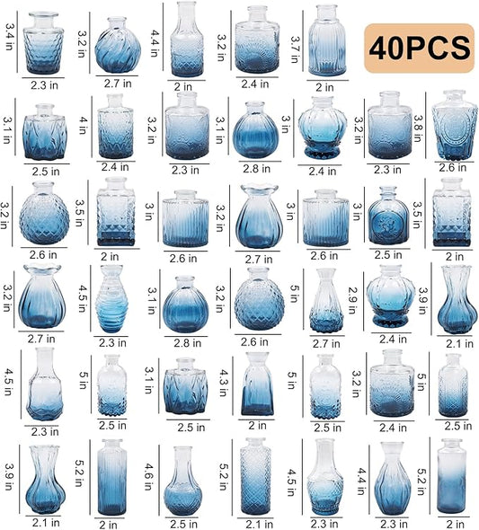 Glass Bud Vases Set of 40 PCS, Small Flower Vases for Wedding Centerpiece Table Decoration, Vintage Vase in Bulk for Flower Arrangements, Mini Vase for Birthday Party, Festival Home Decor, Blue