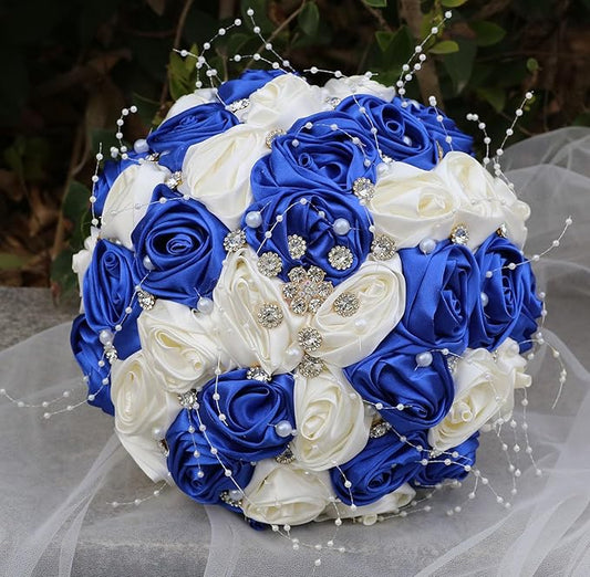 Bridal Wedding Bouquet Round Bling Brooch Bouquet Throw Toss Artificial Rose Flower Bunch for Bride Bridesmaid Wedding Quinceanera(Royal Blue & Ivory, 6.3")