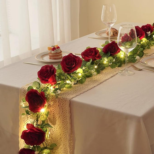 Dolicer 2Pcs 13Ft Artificial Eucalyptus Garlands with Flowers - 8 Roses, Faux Floral Greenery Garlands with 13Ft String Lights Fake Flowers Vines for Wedding Table Centerpieces Arch Party Decor (Red)