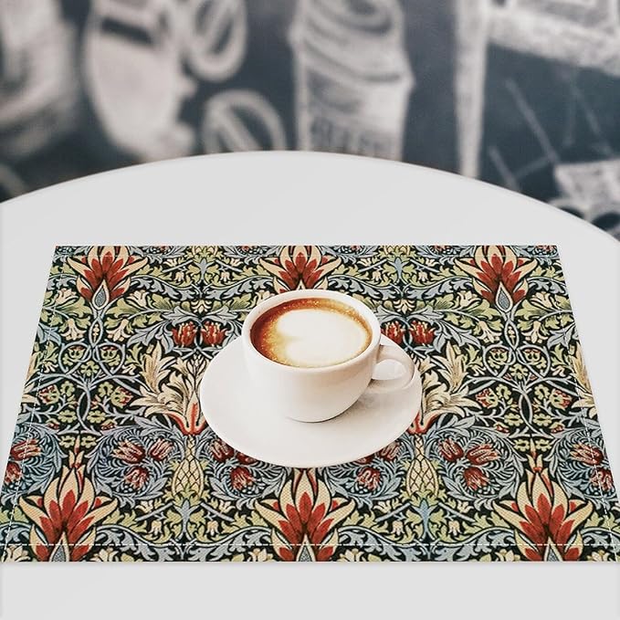 Vintage Flower Placemats Set of 6, William Morris Retro Boho Botanical Plant Place Mats, Heat Resistant Non Slip Cotton Linen Dining Table Mats for Home Kitchen Party 18x12 Inch