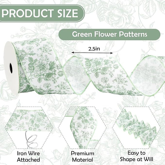 Floral Wired Edge Ribbon Roll Green Flower Ribbon Chinoiserie Fabric Ribbon for Wreath Bow Making DIY Crafts Gift Wrapping, 12 Yard