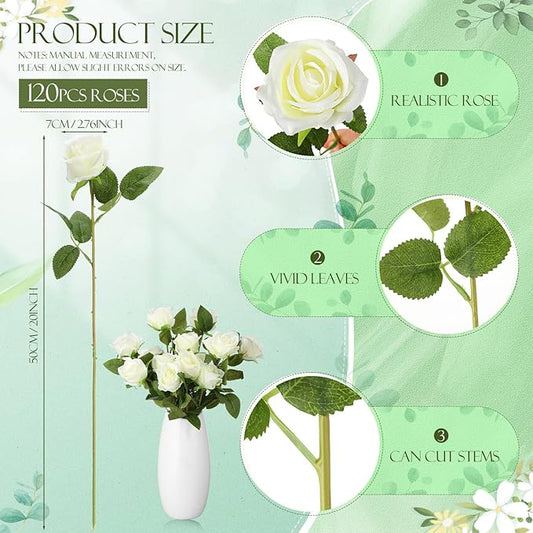Hotop 120 Pcs Roses Artificial Flowers in Bulk,Long Stem Artificial Flower Bouquet,Silk Real Touch Fake Rose for Wedding Party Table Centerpieces Decor Valentines Gifts(White)