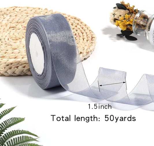 1.5 inch Sheer Organza Ribbon Silver Chiffon Ribbon for Gift Wrapping Christmas Halloween Decoration Wedding Bouquet Crafts 50 Yards