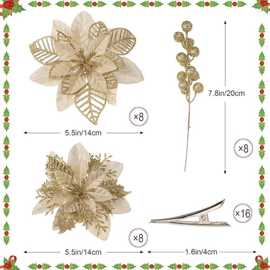 24 Pcs Gold Boxed Christmas Poinsettia Flowers Set, 16 Pcs Artificial Poinsettias with Clips, 8 pcs Glitter Christmas Tree Ornaments Berry Stems for Wedding Home Holiday Xmas New Year Decorations