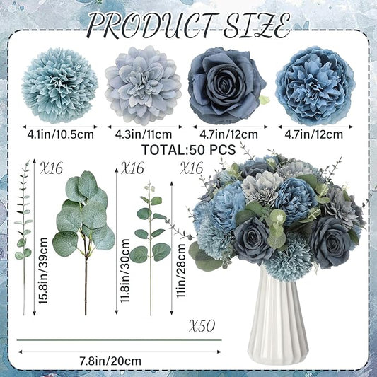 98 Pcs Assorted Faux Flowers Heads with Stem Eucalyptus Leaves Silk Artificial Flowers Bouquet Floral Table Centerpieces for DIY Wedding Party Wreath Home Decoration(Gray Blue,Vivid Style)