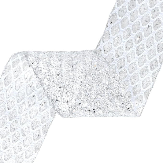 VATIN 4" Silver Christmas Ribbon, Silver Glitter Mesh Diamond Web Sequin Dots Wired Christmas Ribbon for Gift Wrapping Bow Making Wreath Supply-10 Yards