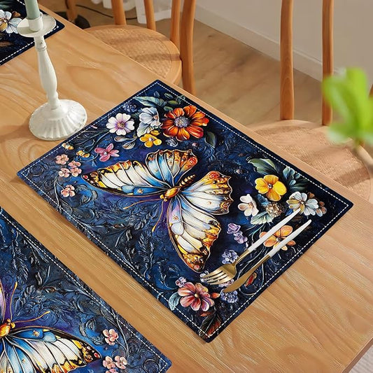 Colorful Butterfly Placemats Set of 6, Spring Place Mats, Florals Dining Table Mats, Rustic Washable Placemats for Kitchen Dining Room Home Decor 18L'' × 12W''