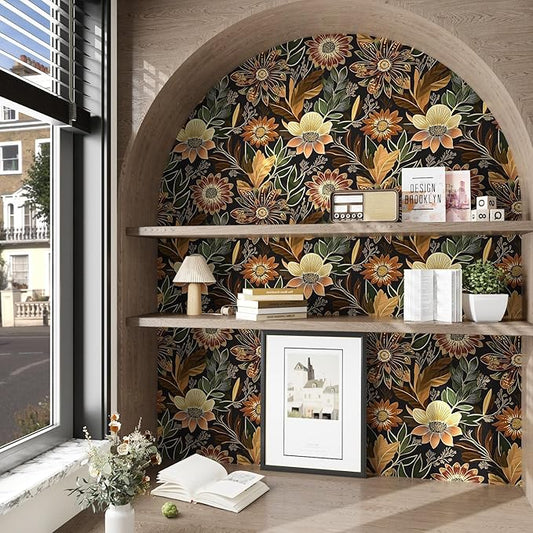 Boho Wallpaper Peel and Stick Dark Floral Wallpaper for Cabinet Vintage Contact Paper Waterproof Self Adhesive Removable Modern Wall Paper for Bedroom Stair Bathroom 17.5in x118in