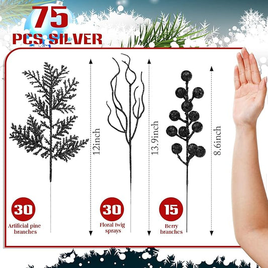 75 Pcs Christmas Glitter Branches 3 Styles Artificial Christmas Picks Berries Stems Pine Needles Floral Twig Spray for Xmas Tree Ornaments DIY Wreath Garland(Black)