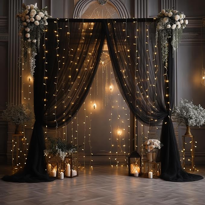10x8ft Black Tulle Backdrop Curtain with Lights String for Parites, Sheer Backdrop Curtains for Wedding Baby Shower Birthday Party Photo Shoot Decorations