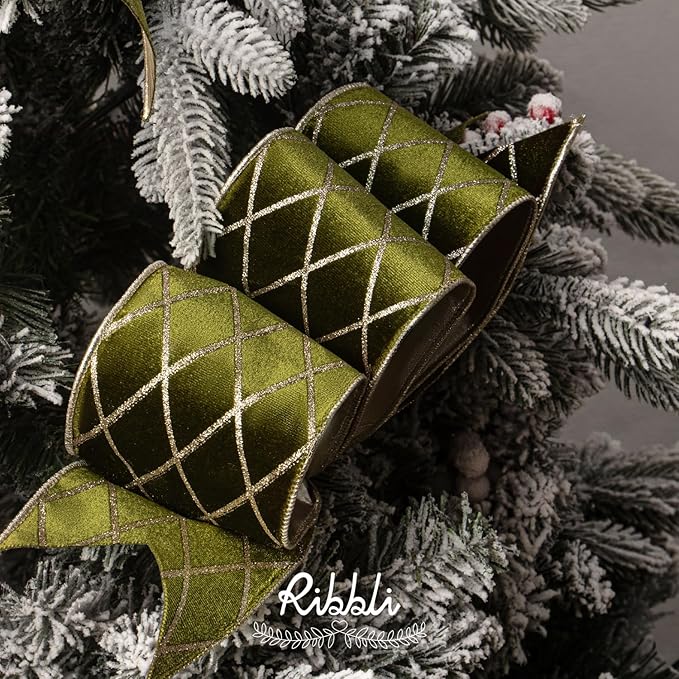 Ribbli Moss Green Velvet Ribbon Wired with Glitter Diamond Grid 4 Inch Christmas Ribbon for Christmas Tree Decoration Big Bow Gift Wrapping Crafts Wreaths Garland Supplies - 10 Yards