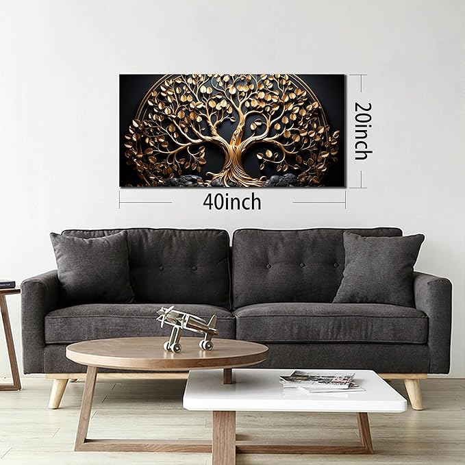 Tree Canvas Wall Art for Living Room Black and Gold Wall Art for Office Modern Art Wall Decor Bedroom Size 20" x 40"