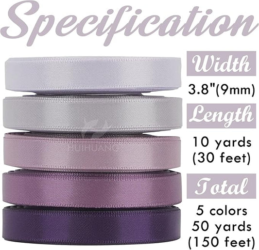 HUIHUANG Satin Ribbon 3/8 inch x 5 Rolls, Lilac, Dusty Purple, Lavender, Amethyst and Purple for Crafts, Gift Wrapping, Hair Decor, Wedding, Bridal Shower Decor - Total 50 Yards