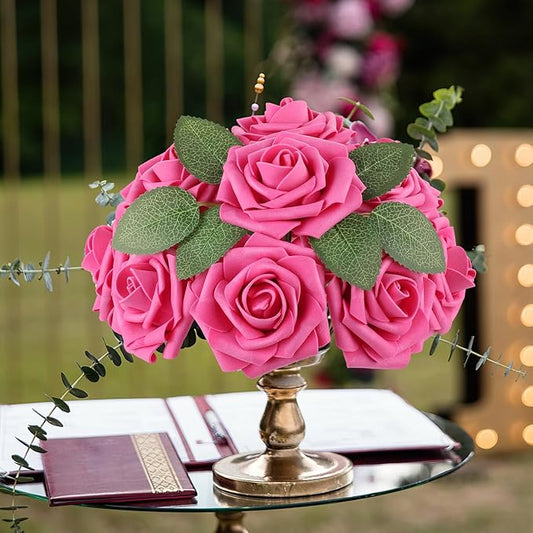 AmyHomie 25pcs Real Looking Artificial Hot Pink Roses w/Stem for DIY Wedding Bouquets Centerpieces Arrangements Party Baby Shower Valentines Day Christmas Tree Decorations