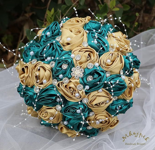 Bridal Wedding Bouquet Round Bling Brooch Bouquet Throw Toss Artificial Rose Flower Bunch for Bride Bridesmaid Wedding Quinceanera(Dark Green & Gold, 7.5")