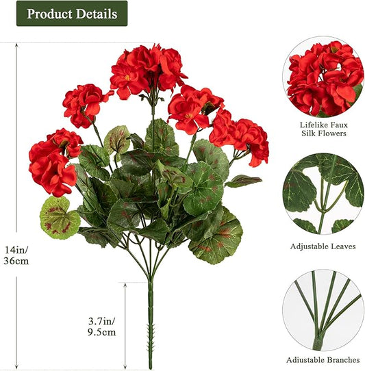 4PCS Home Decor Fake Plants Artificial Flowers Artificial Geraniums Outdoor Fake Flowers Artificial Flowers Fake Silk Bouquet, Fall Decor for Interior Porch Garden Decoration (Red) 14.4"