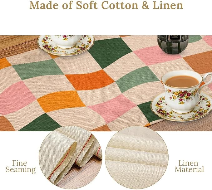 Hippie Table Runner, Vintage Geometric Square Orange Green Pink Grid 60s 70s Style Kitchen Dining Room Decor for Indoor Outdoor Wedding Party Table Runner 13x120 Inch