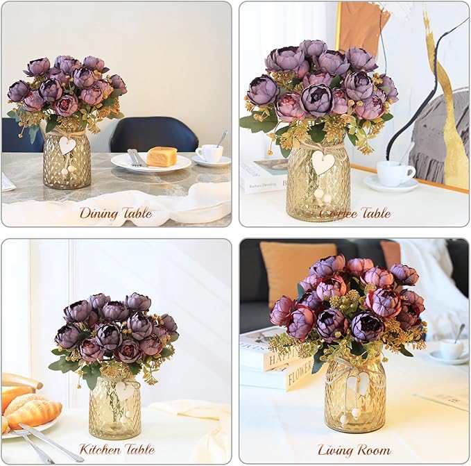 Fake Flowers in Vase,Fake Flowers with Vase 21 Pcs Faux Peony Flowers,Artificial Flowers for Home Decor, Indoor Centerpiece for Living Room & Dining Table (Purple Red)
