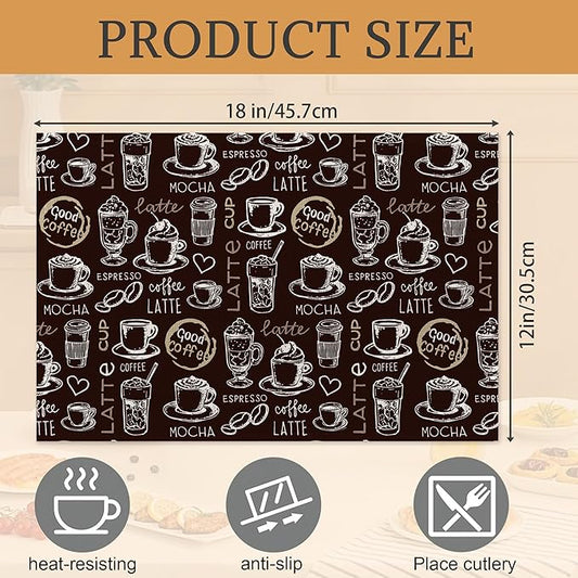 Coffee Placemats Set of 6,Washable Heat Resistant 12×18 Inch Linen Table Mats Funny Place Mats for Party Outdoor Dining Décor