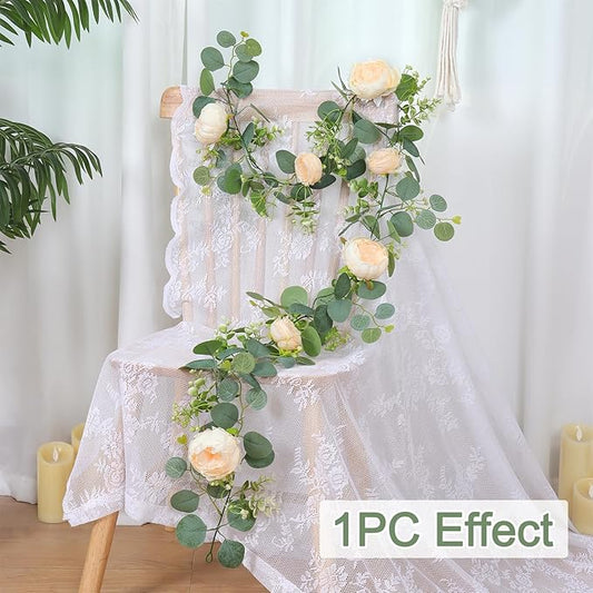 SOMYTING Artificial Flower Garlands Eucalyptus Garlands with Flowers Rose Peony Flower Vine Faux Floral Garland for Wedding Party Arch Table Wall Backdrop Decoration (Champagne, 4PCS)